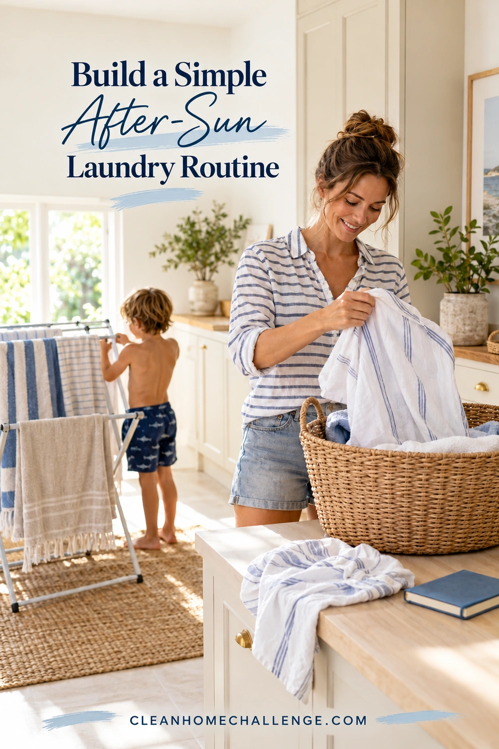 A woman checks a white shirt beside a basket while a child stands near a towel rack in the background.
