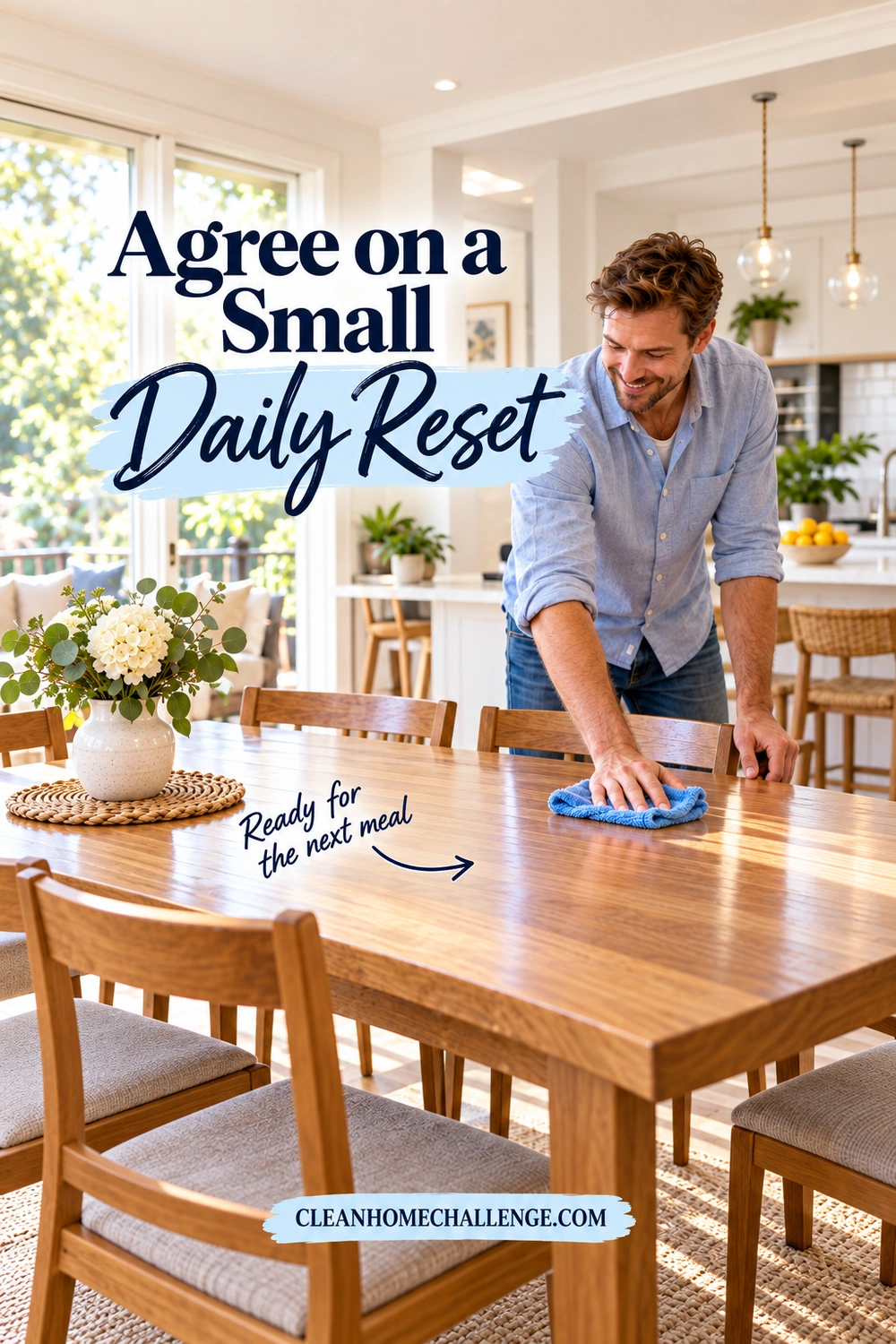 A father wipes a cleared wooden dining table with a blue cloth after a meal.