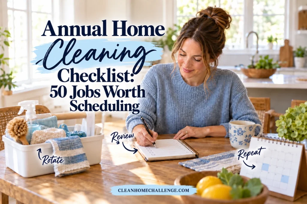 A woman plans cleaning tasks in a notebook at a kitchen table beside a caddy and folded cloth.