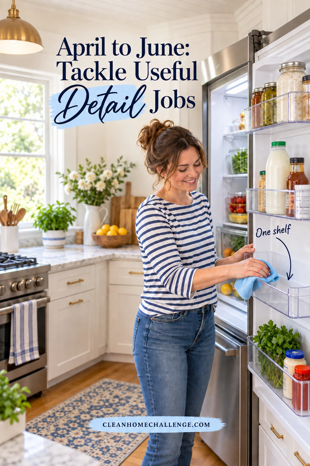 A woman wipes one refrigerator door shelf with a clean cloth.