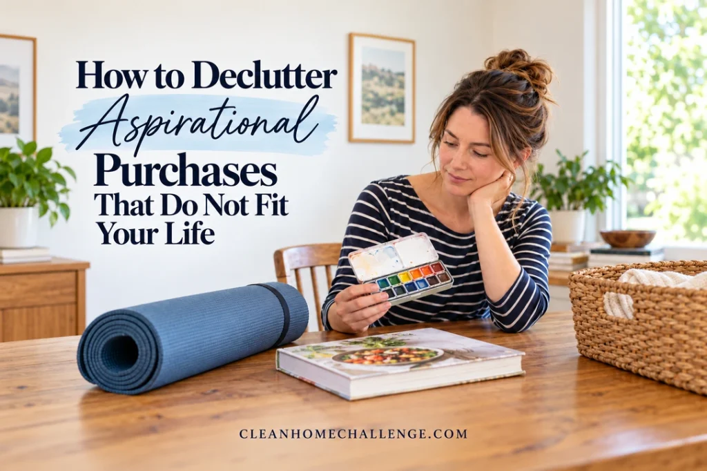 A woman considers a watercolor set beside a rolled yoga mat, a cookbook and a basket on a family table.