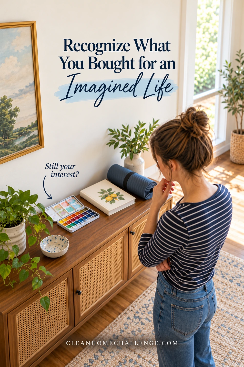 A woman in a striped shirt considers an open watercolor set beside a blank botanical book and rolled exercise mat.
