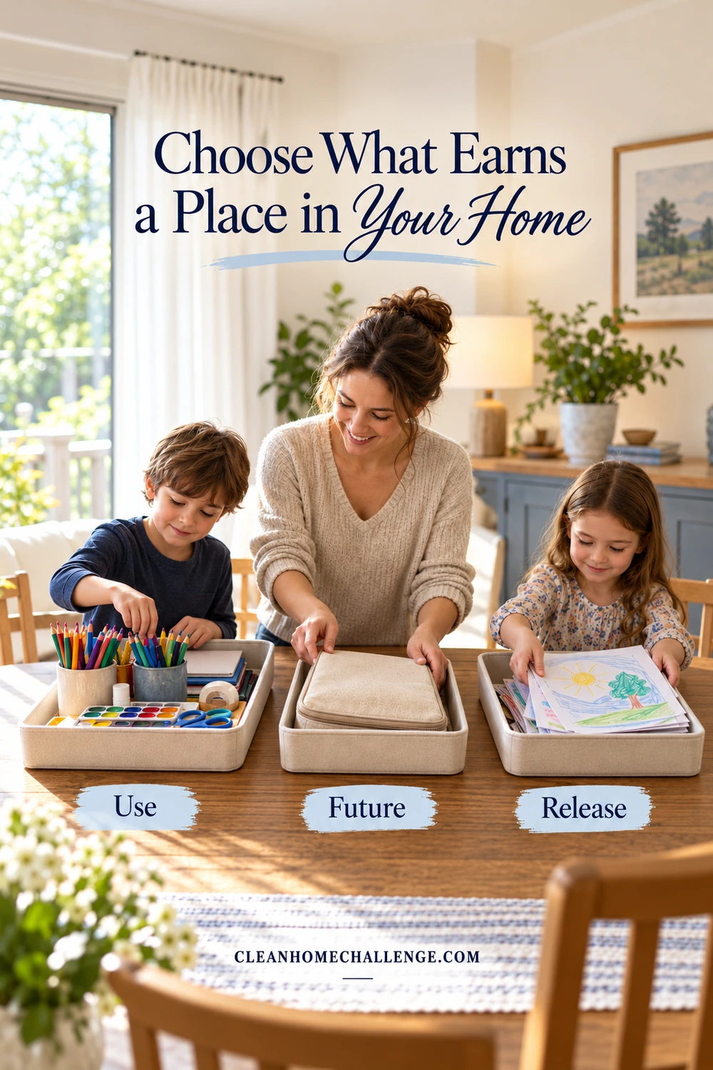 A mother and two children sort art supplies, a closed pouch and drawings into three trays on a family table.