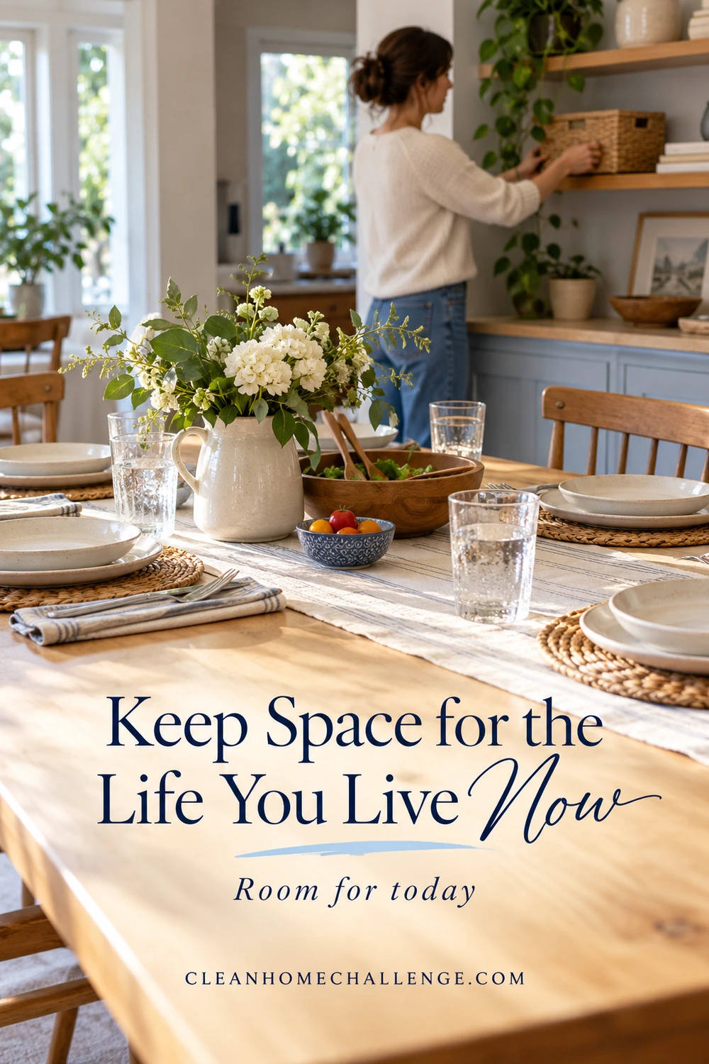A clear family table is set for dinner while a small hobby basket rests on a nearby shelf.