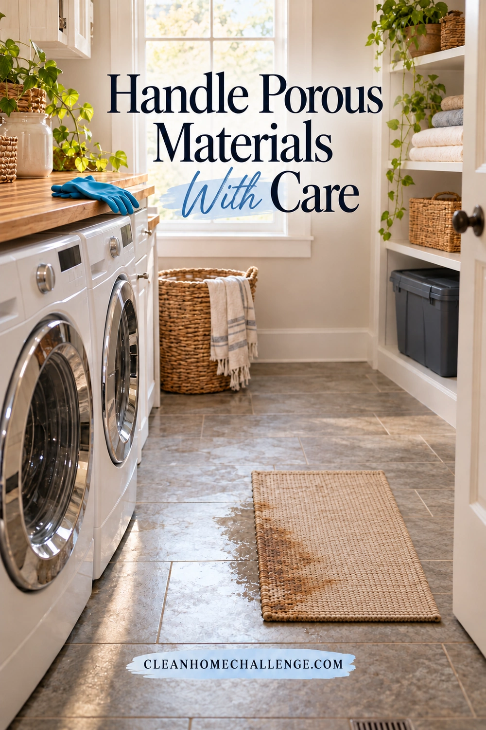 An intact tan woven rug lies on a laundry-room floor with a damp, darker patch along one edge and water nearby; unused blue gloves rest on the counter and a closed tote sits on a shelf.