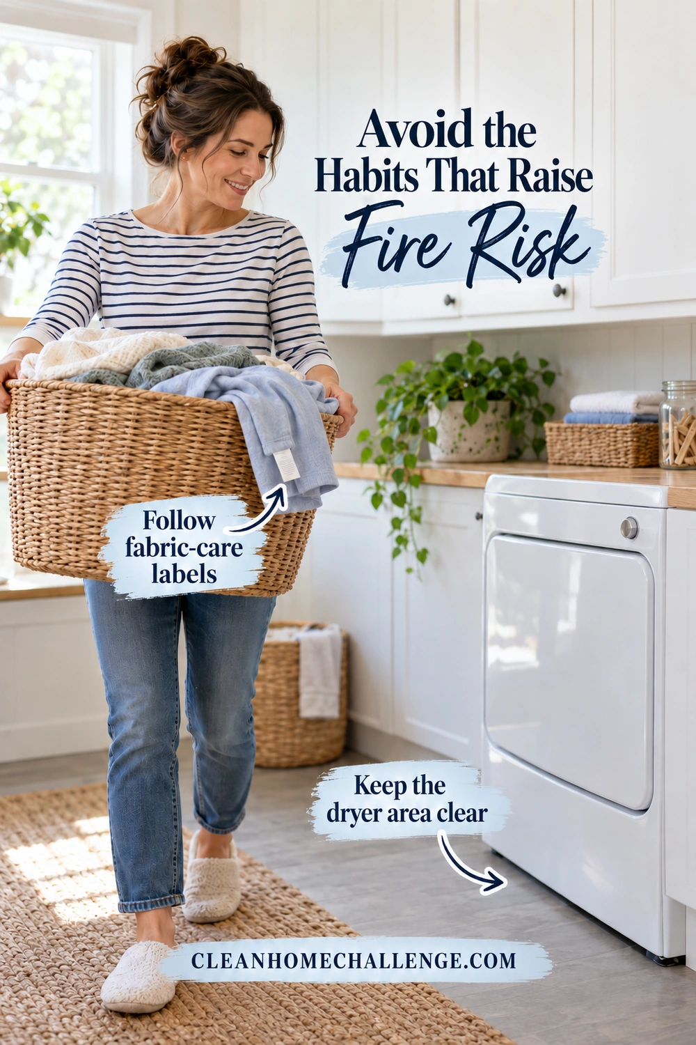 A woman carries a basket of laundry away from a closed dryer, with a garment care tag visible and the floor beside the machine clear.