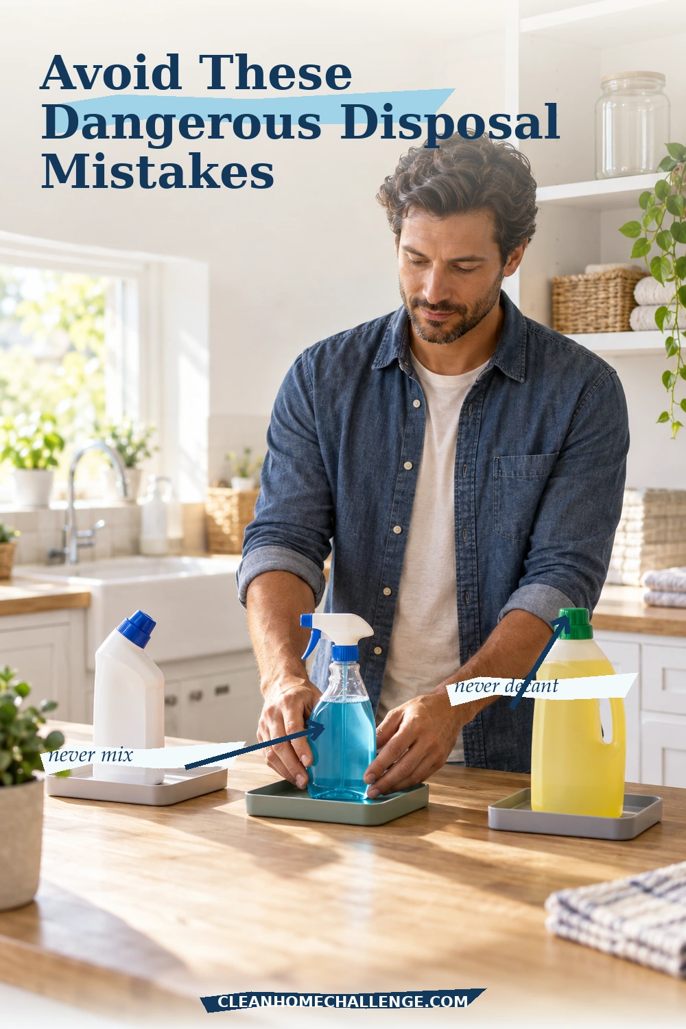 Man keeping old cleaners separated on individual trays instead of mixing or decanting them