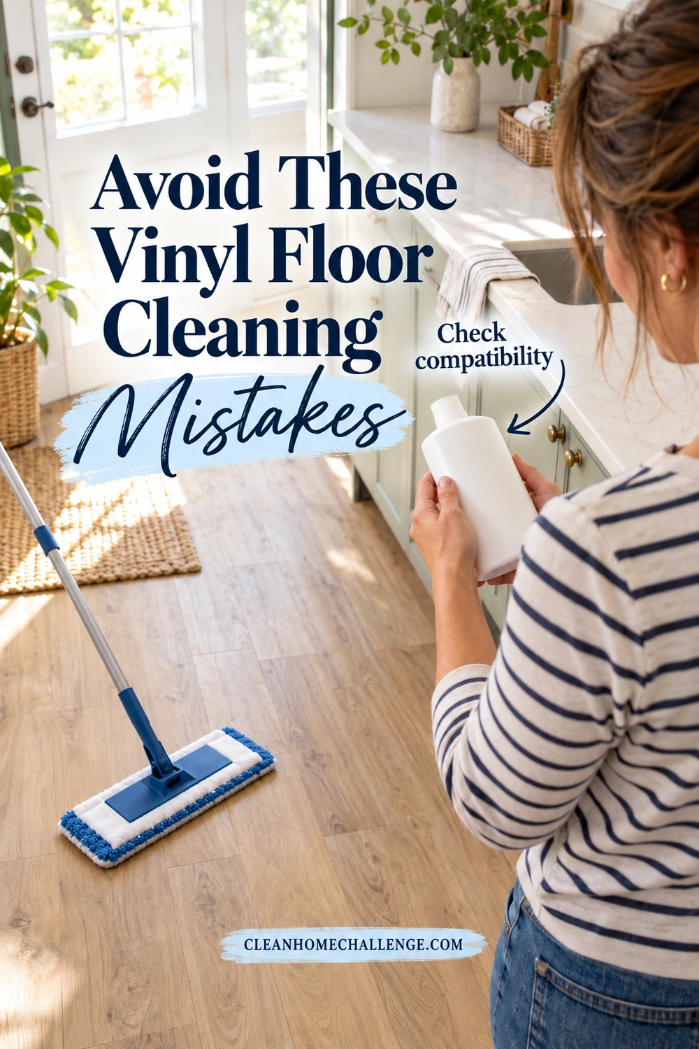 Woman in a striped shirt checking a cleaner bottle beside a utility counter, with a blue flat mop resting on the vinyl floor.