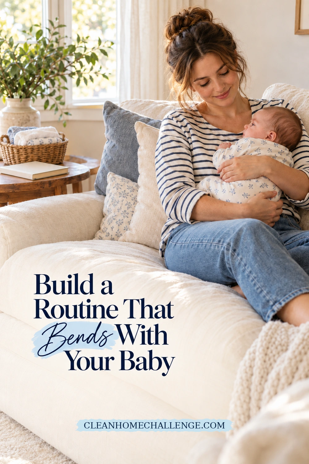 A woman in a striped shirt holds a baby on a sofa beside a table with a closed notebook and a basket of clean cloths.