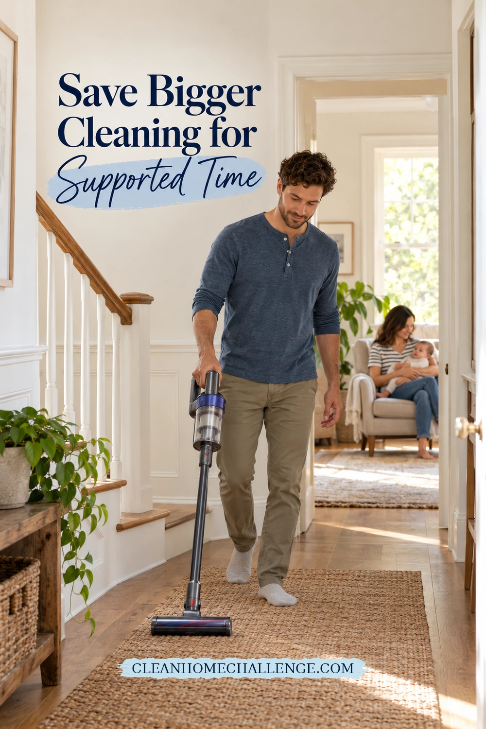 A man vacuums a hallway rug while a woman holds a baby in an armchair in a separate room beyond the doorway.