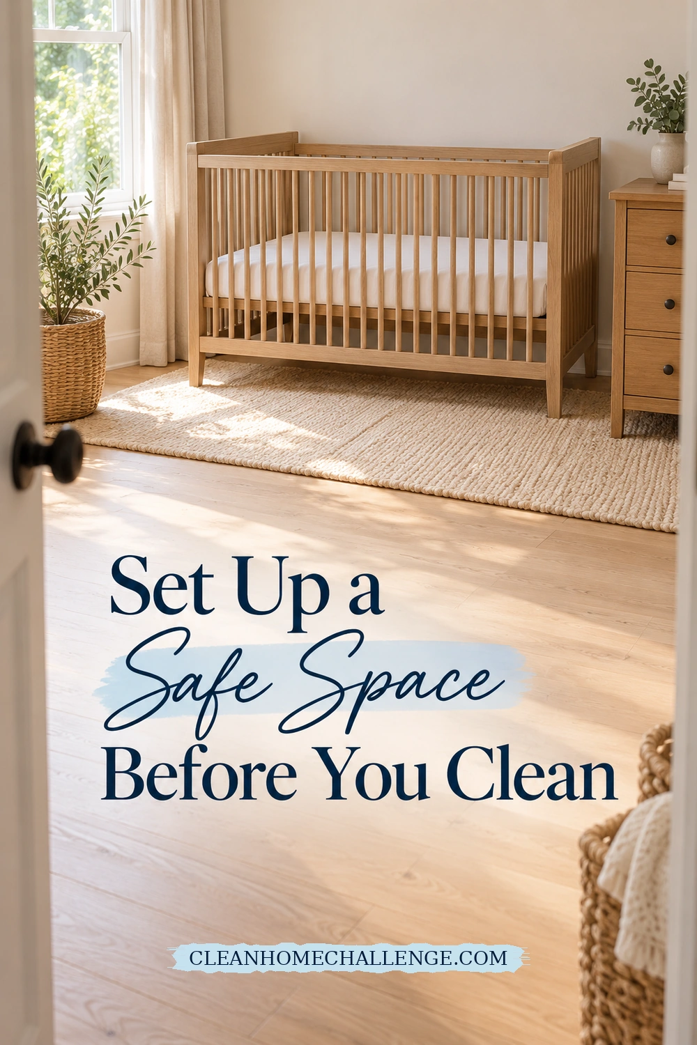 An empty wooden crib with a plain fitted sheet stands beside a dresser, viewed through a nursery doorway.