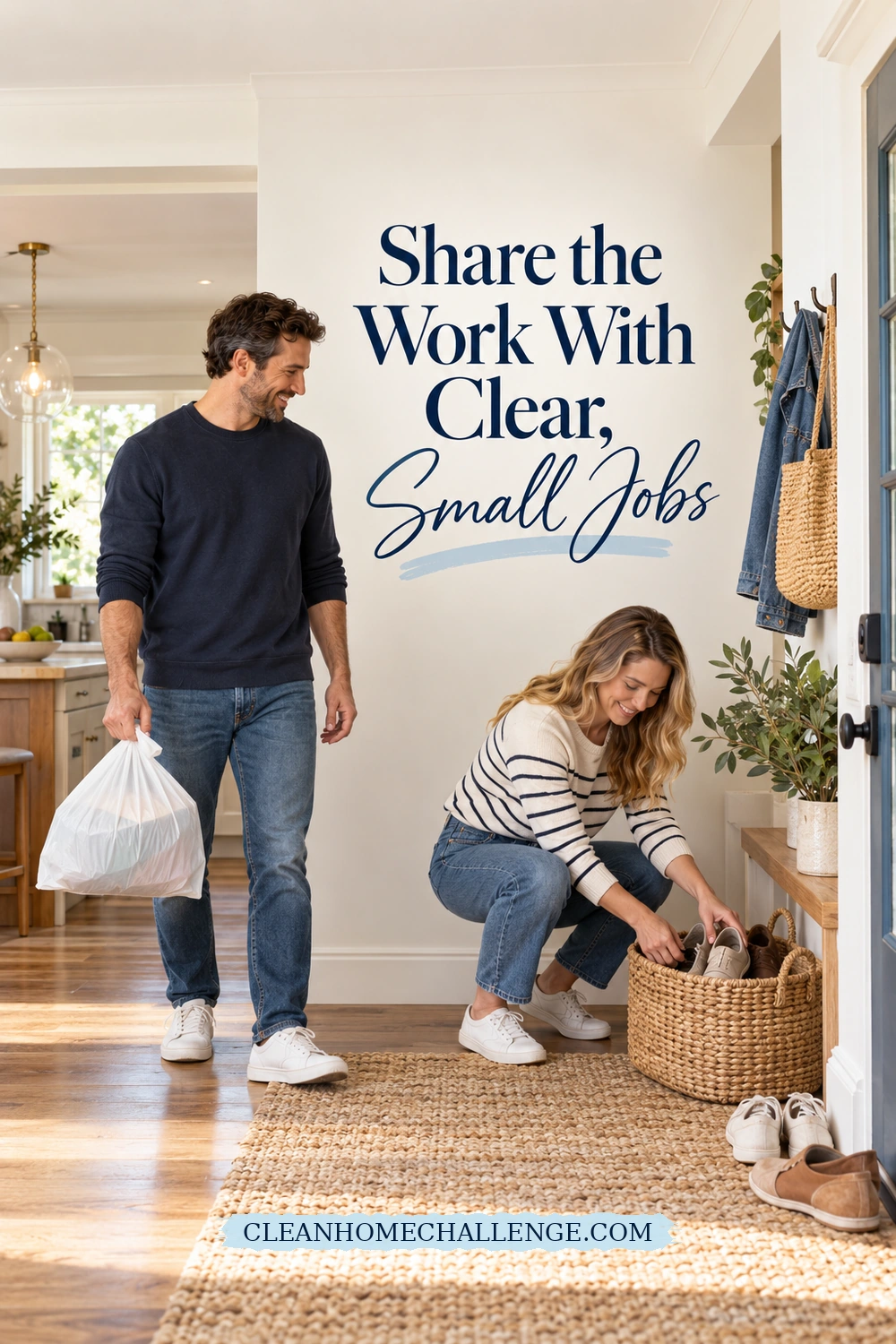 A man holds a tied trash bag while a woman places shoes into a woven basket in a family entryway.