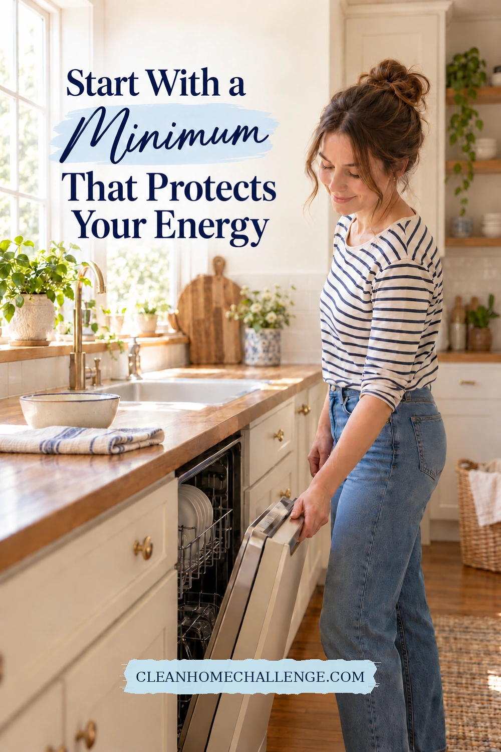 A woman closes a dishwasher beside a wood kitchen counter with a folded striped cloth and a bowl.