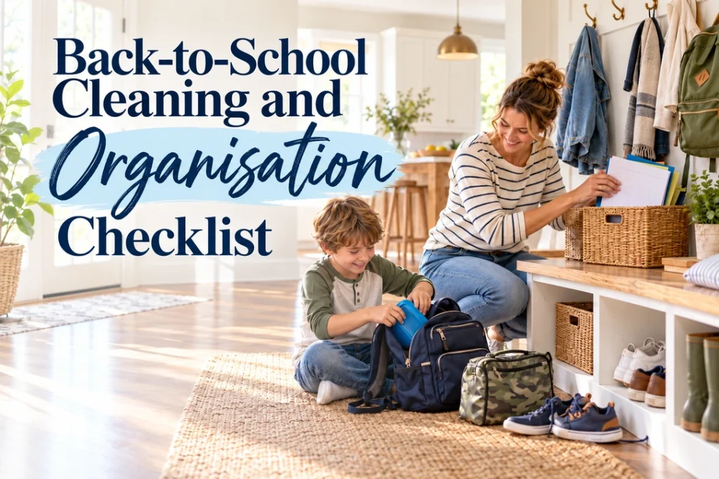 A mother and son organize backpacks, shoes and school papers in a bright family entryway.
