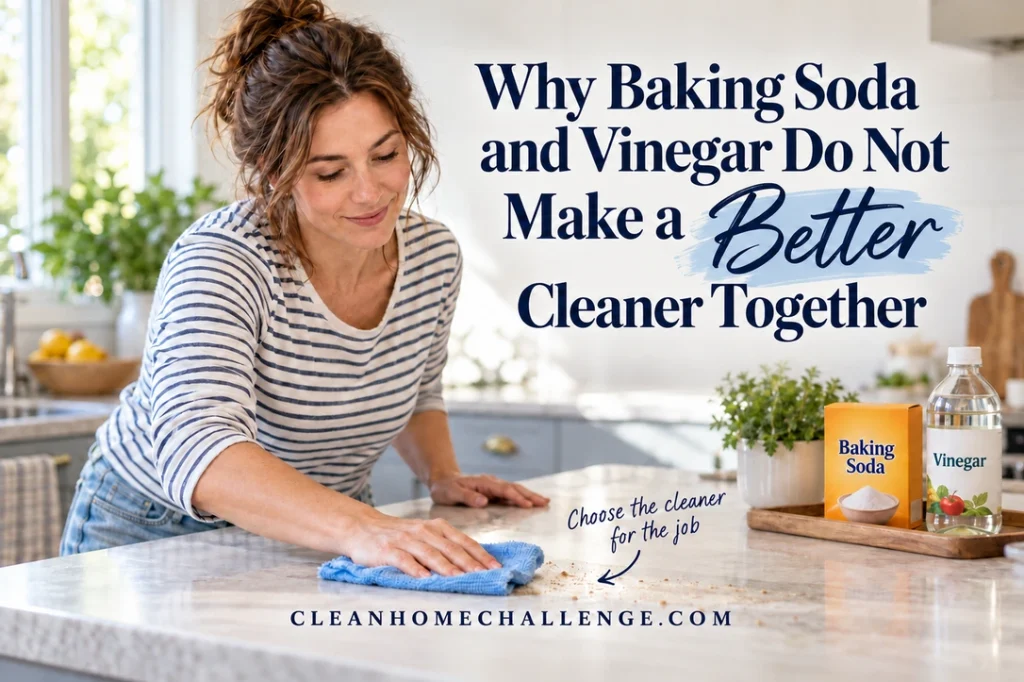 A woman in a striped shirt wipes crumbs from a kitchen counter with a blue cloth, beside separate closed baking soda and vinegar packages and the article headline.