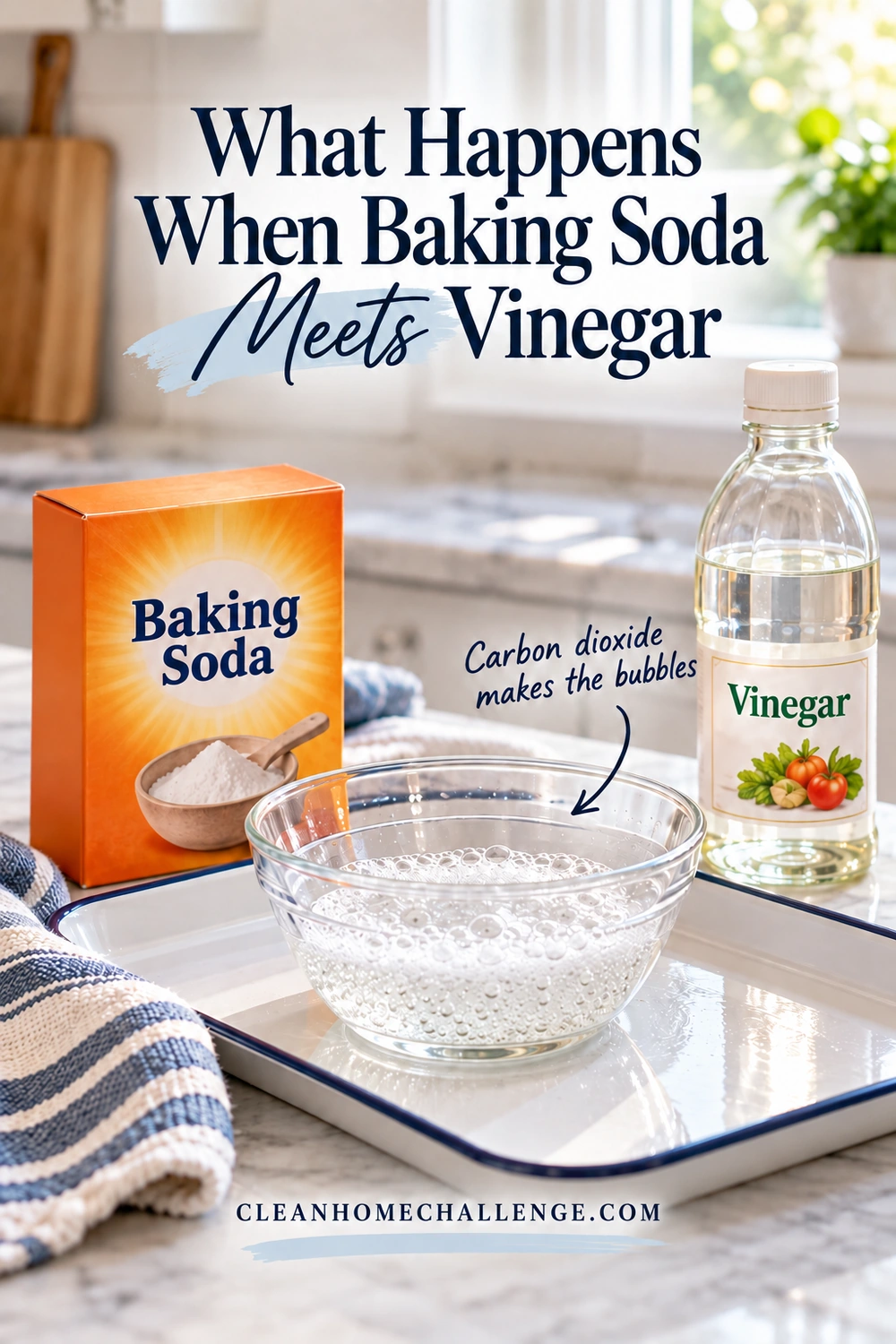 An open glass bowl of bubbles rests on an enamel tray beside separate closed baking soda and vinegar packages; an arrow identifies the carbon dioxide bubbles.