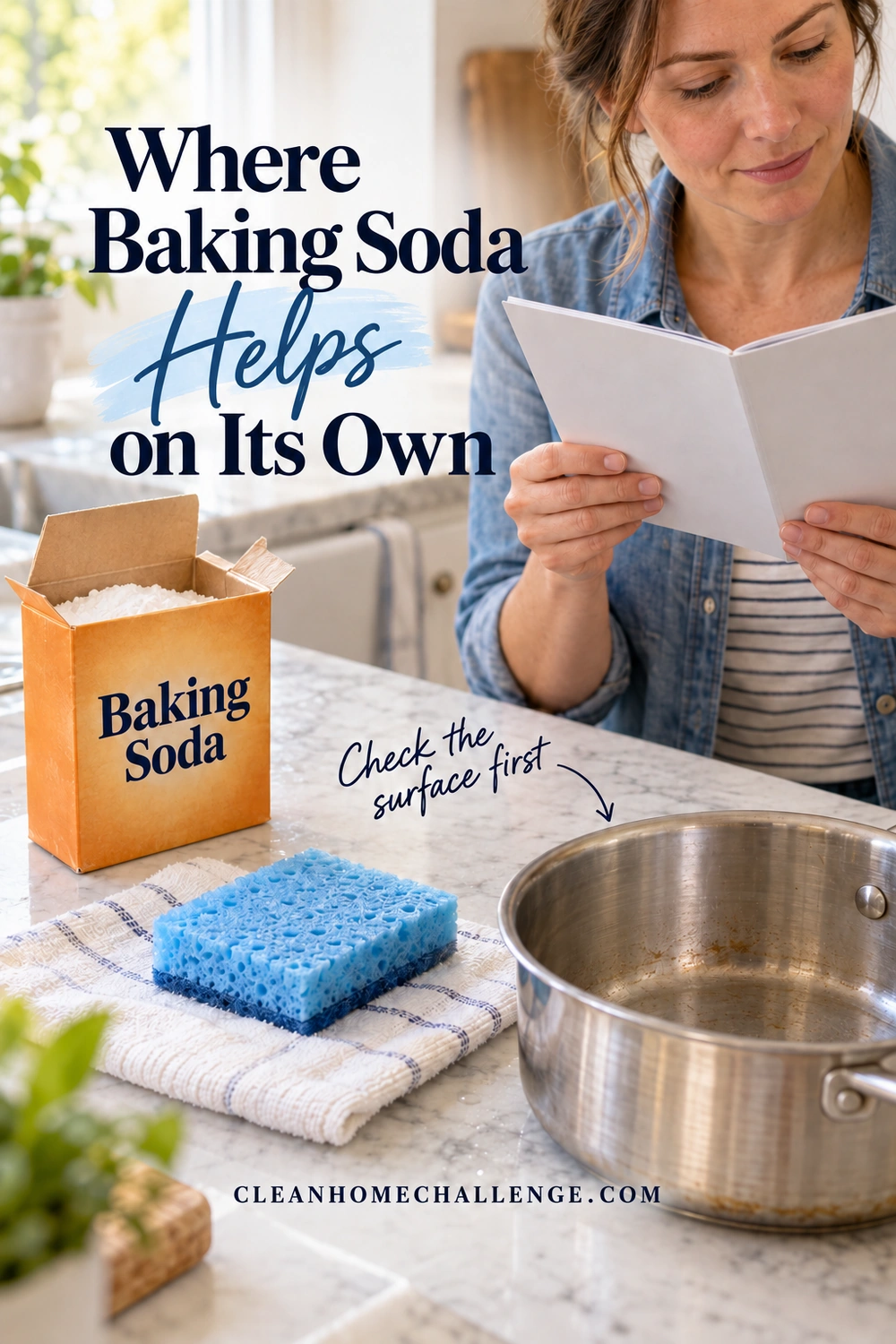 A woman checks a booklet beside an open box labeled Baking Soda, a blue sponge on a folded towel, and a stainless-steel saucepan under the heading Where Baking Soda Helps on Its Own.