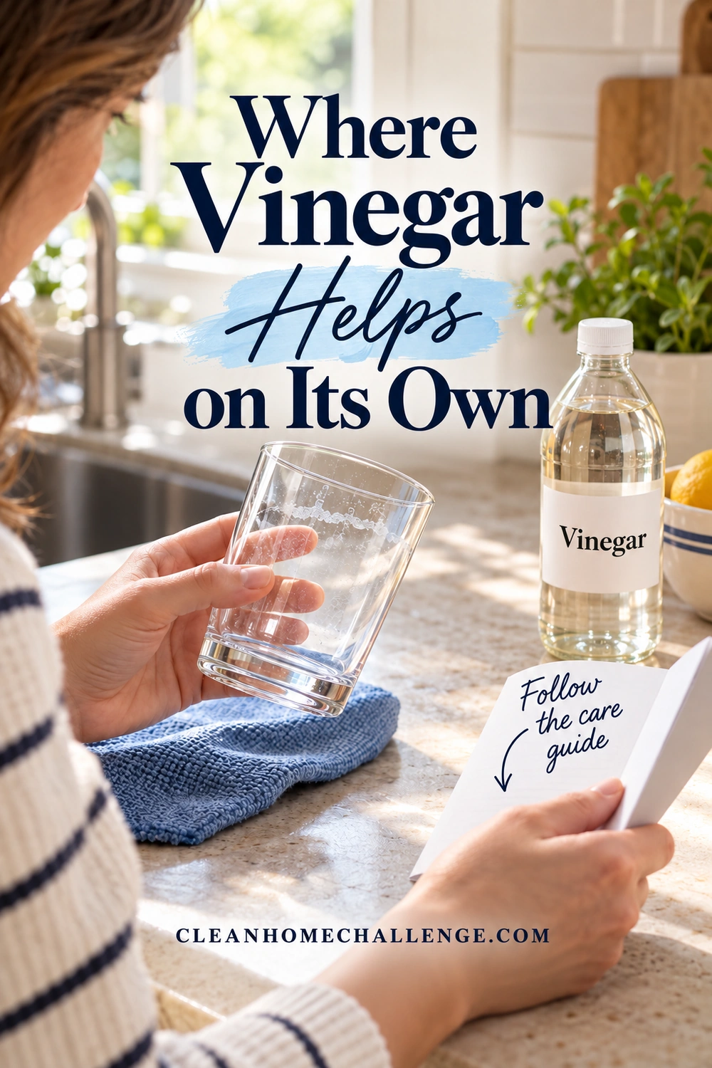 A woman holds a drinking glass with cloudy mineral marks while checking a booklet beside a closed vinegar bottle and blue cloth, beneath the heading Where Vinegar Helps on Its Own.