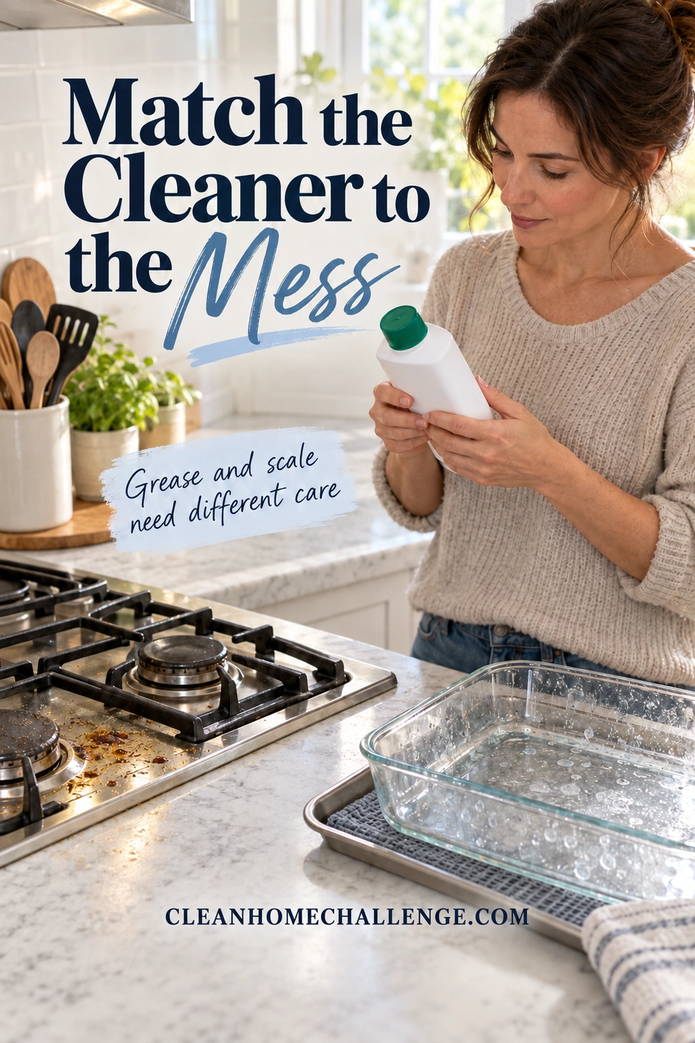 A woman checks a closed cleaner bottle beside a greasy stovetop and a cloudy glass dish on a tray, with the heading Match the Cleaner to the Mess and a note about grease and scale.