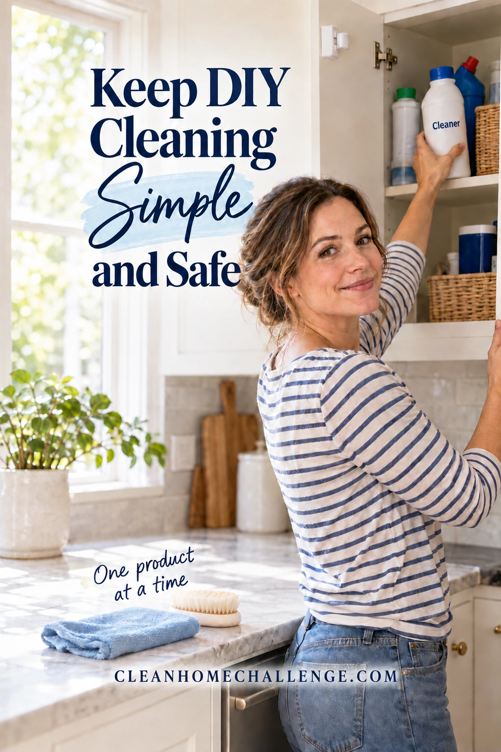 A woman in a striped shirt places a closed bottle labeled Cleaner on a high cupboard shelf with a visible door latch, while a cloth and brush sit below the heading Keep DIY Cleaning Simple and Safe.