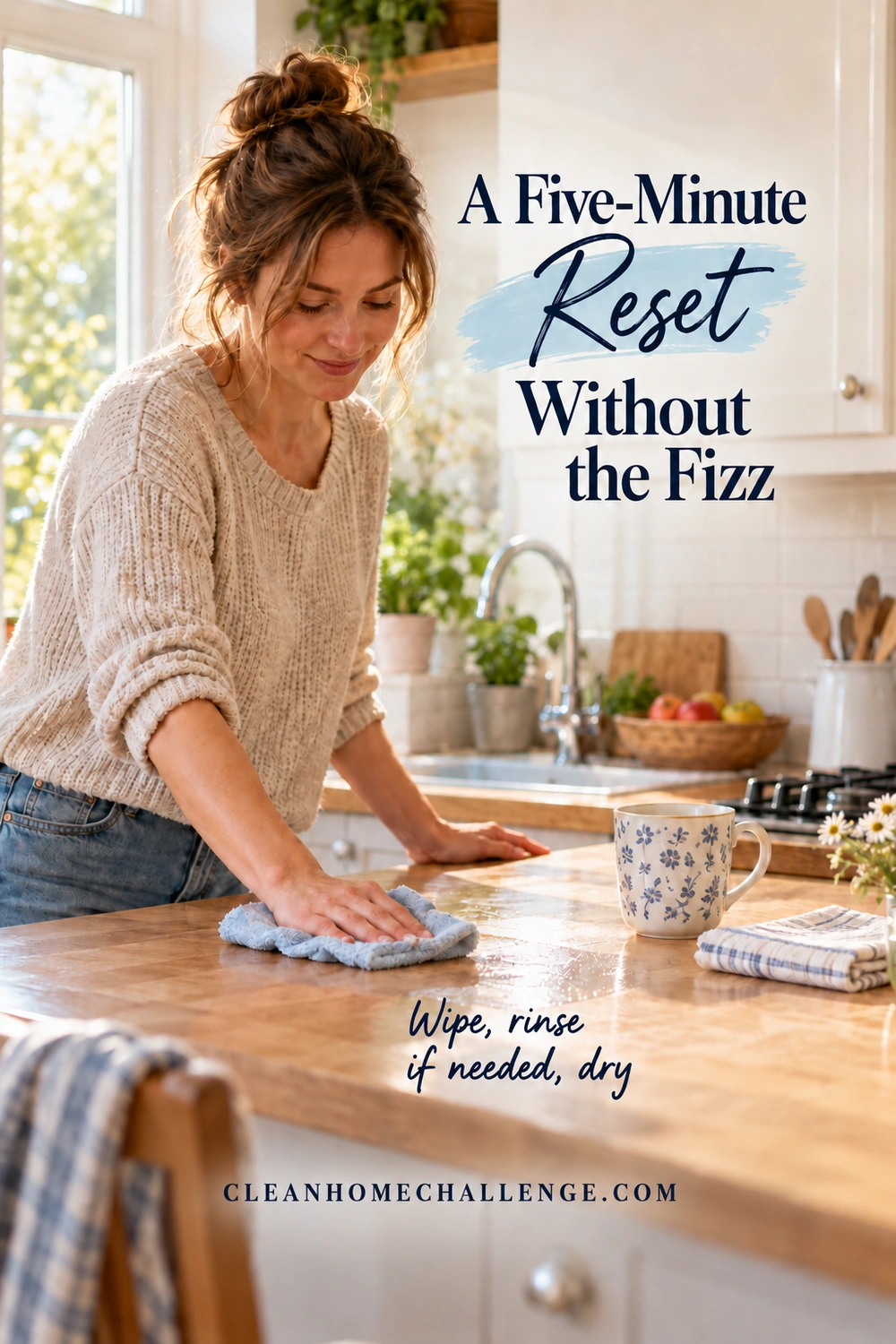 A woman wipes a small kitchen worktop area with a blue cloth beside a breakfast mug and folded towel, under the heading A Five-Minute Reset Without the Fizz.