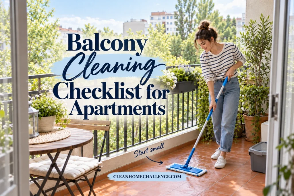 A woman in a striped shirt uses a blue flat mop on a terracotta-tiled apartment balcony beside a bistro set and planters.
