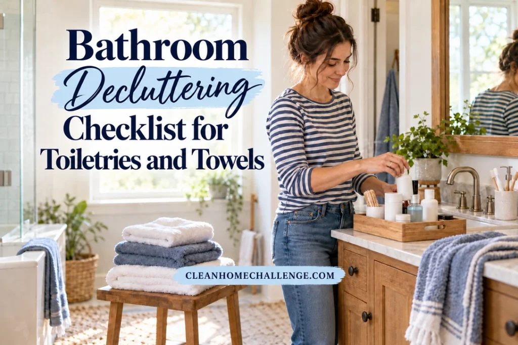 Woman in a navy-striped shirt sorts toiletries into a wooden tray beside a sink; folded white and blue towels sit on a stool.