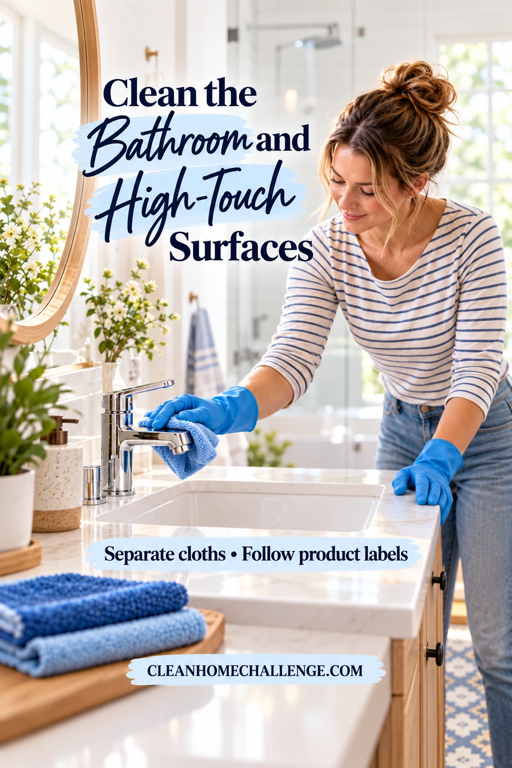 A woman wearing blue gloves wipes a bathroom faucet with a blue cloth beside a white sink and a separate stack of folded cloths.