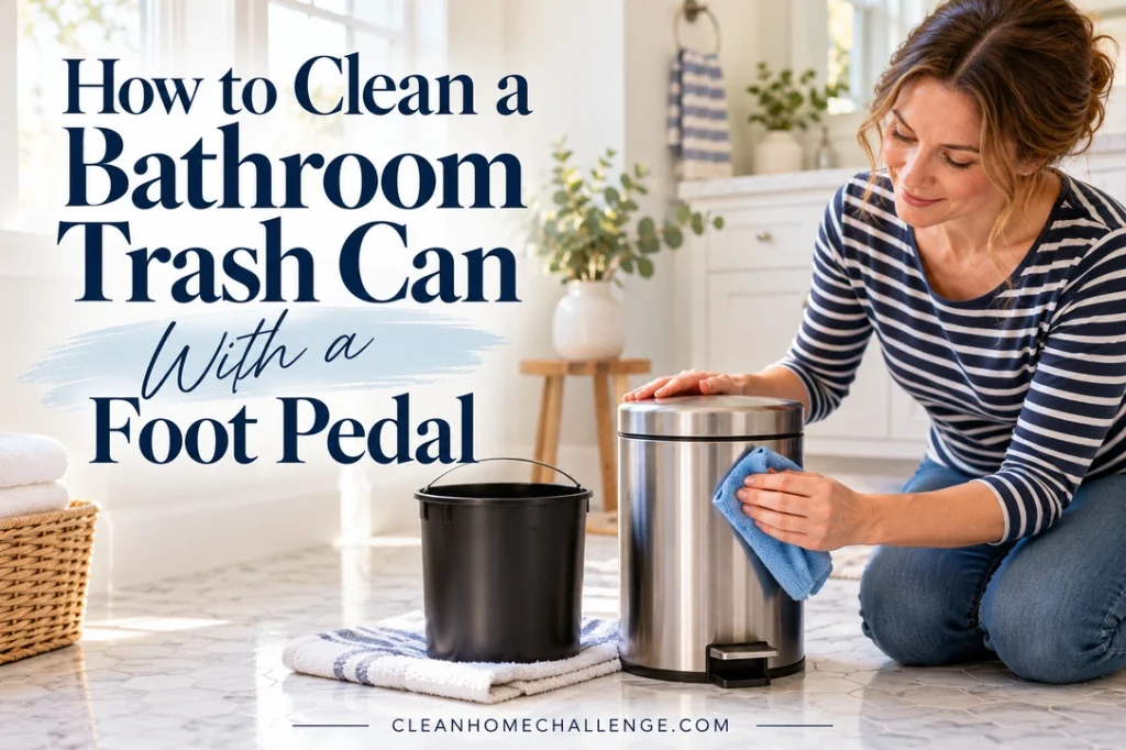 A woman wipes a stainless bathroom pedal trash can beside its removed black bucket and a blue cloth.