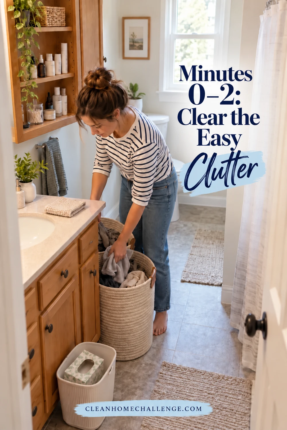 Woman in a striped shirt lifting clothing into a laundry hamper beside a bathroom vanity with a few everyday toiletries.