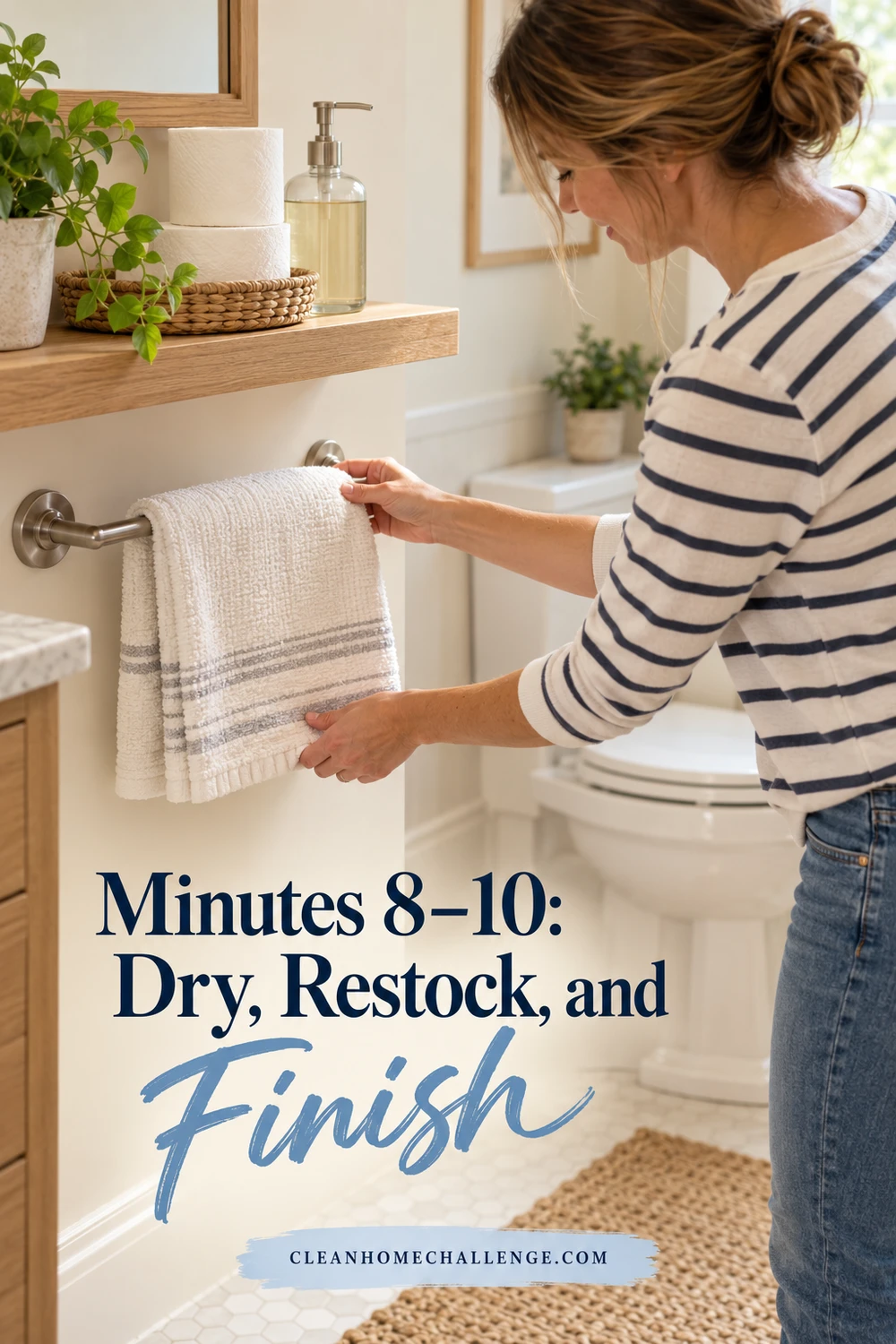 Woman hanging a fresh hand towel beneath a bathroom shelf holding a soap dispenser and spare toilet paper rolls.