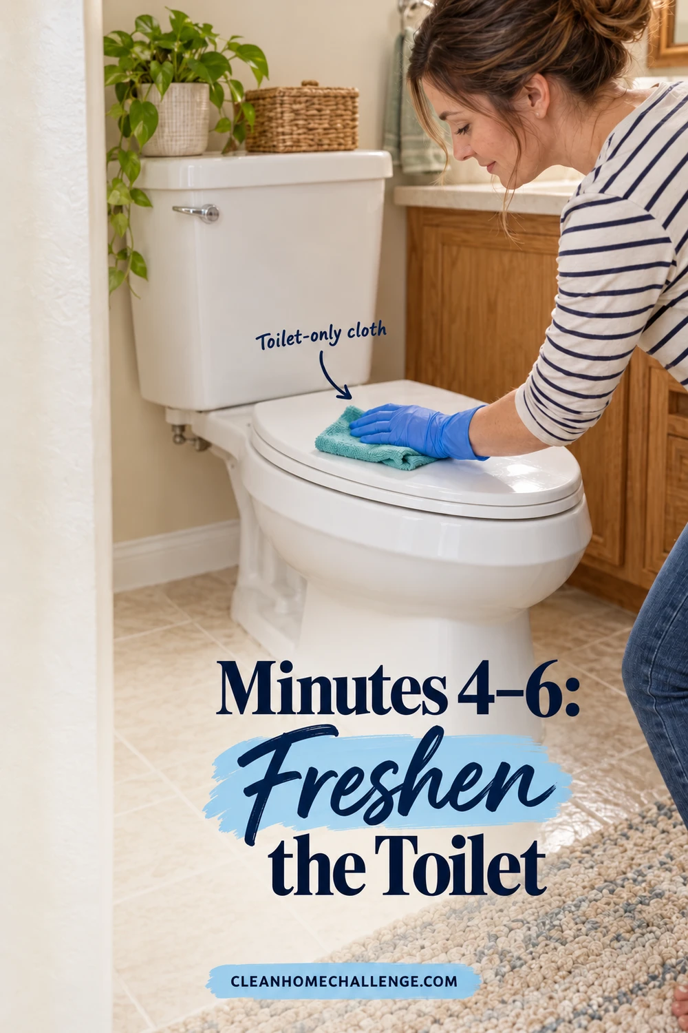 Woman in a striped shirt using a gloved hand and a separate mint-colored cloth to wipe the closed lid of a white toilet.