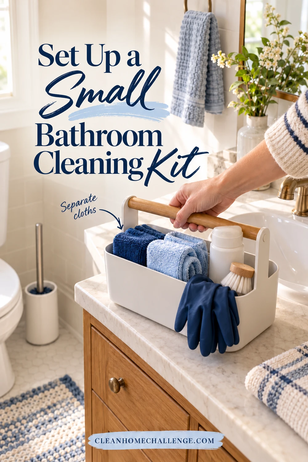 Hand holding a white cleaning caddy with dark and light blue cloths, blue gloves, a small brush, and a white container beside a bathroom sink.