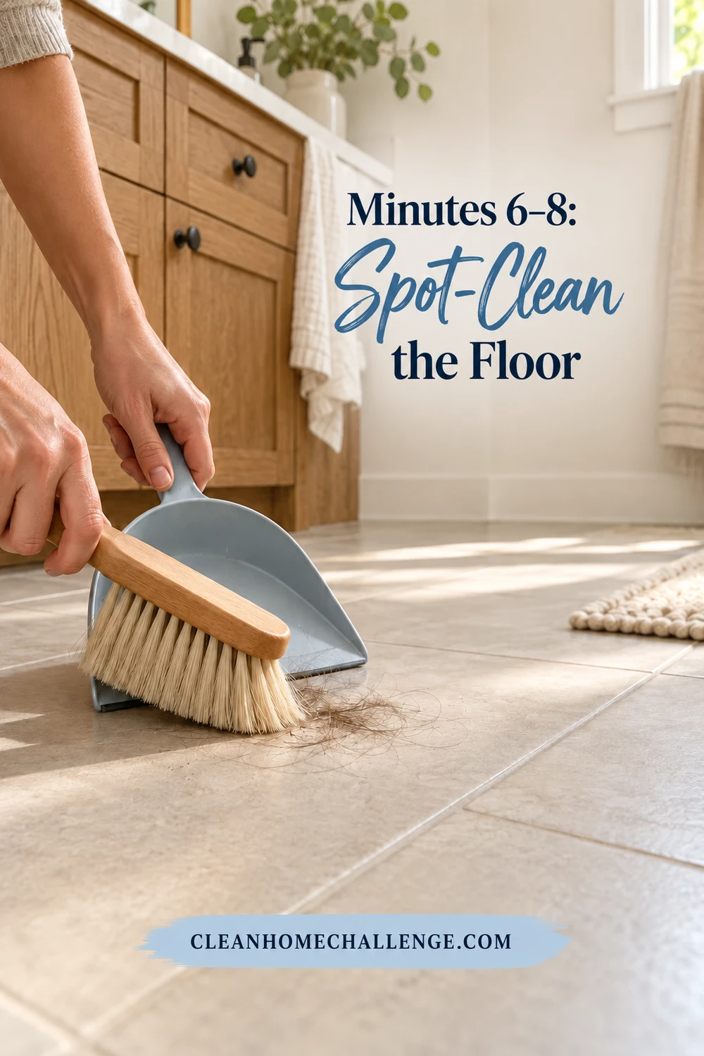 A small hand brush gathering loose hair from a dry bathroom floor into a dustpan beside the vanity.