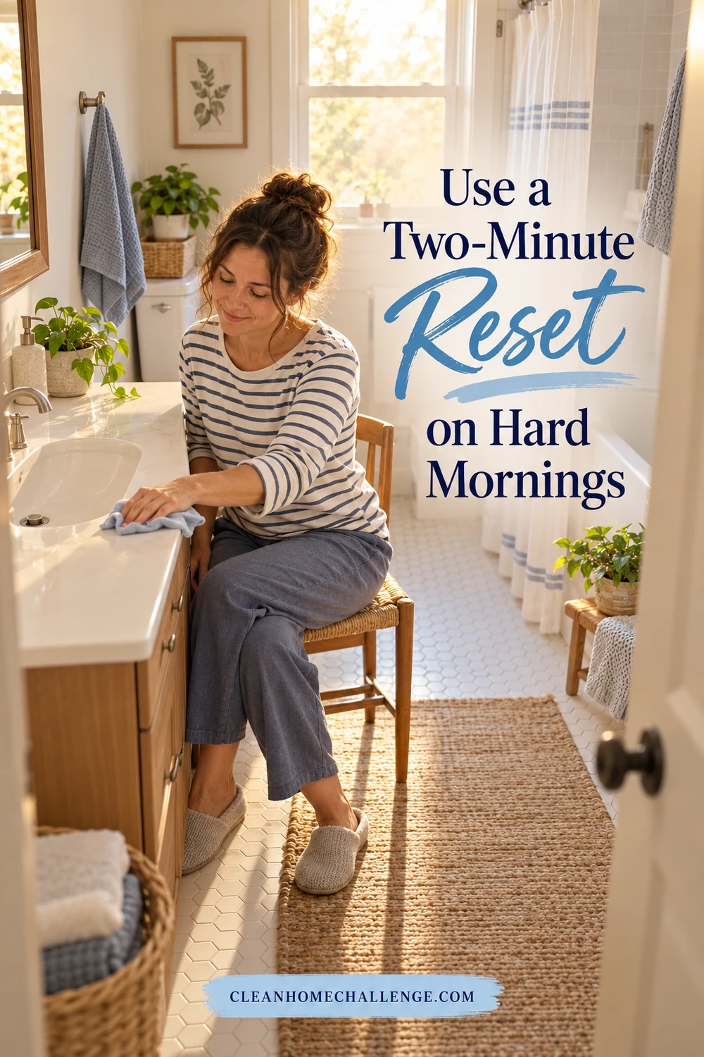 Woman in a striped shirt sitting on a chair beside the bathroom vanity and wiping the counter with a soft blue cloth.