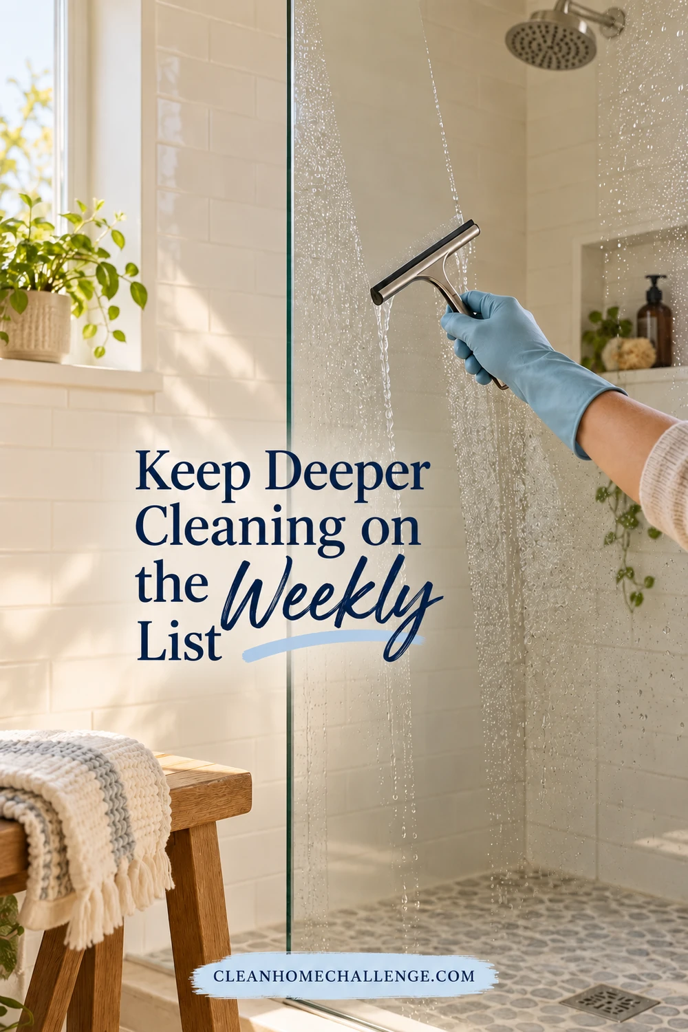 Gloved hand pulling a squeegee across a wet glass shower panel, with a folded towel on a wooden stool nearby.