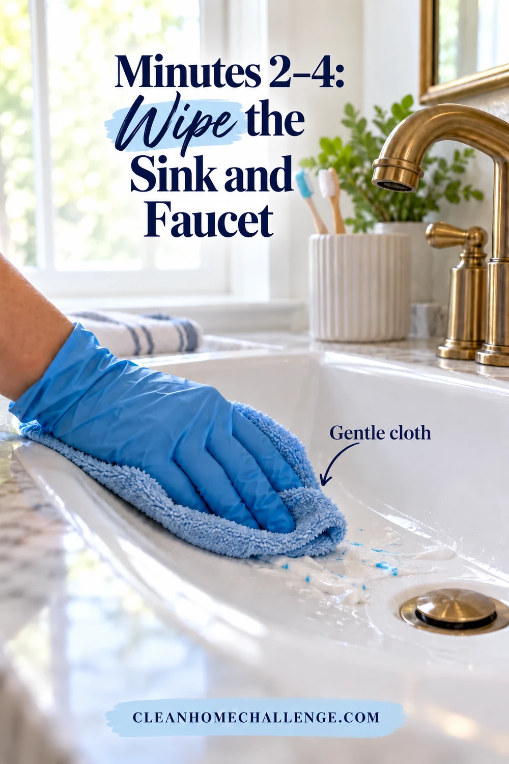 Gloved hand wiping toothpaste from a white bathroom sink with a soft blue cloth beside a brass-colored faucet.