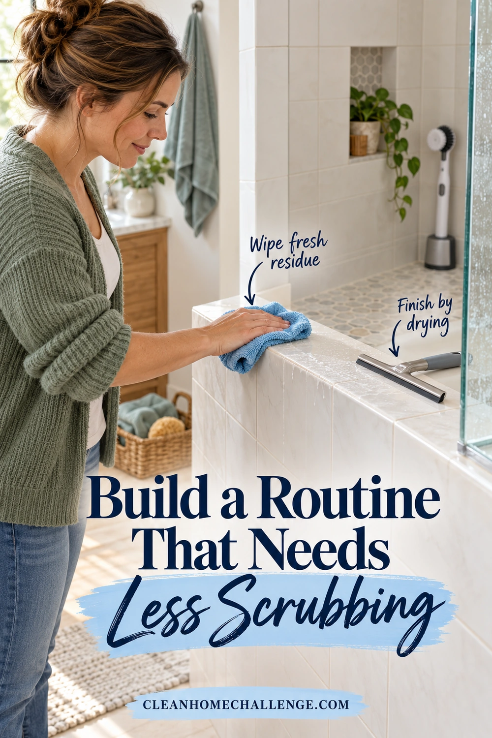 Woman in a sage cardigan wiping a tiled shower ledge with a blue cloth, with a squeegee nearby and an unused upright scrubber in the background.