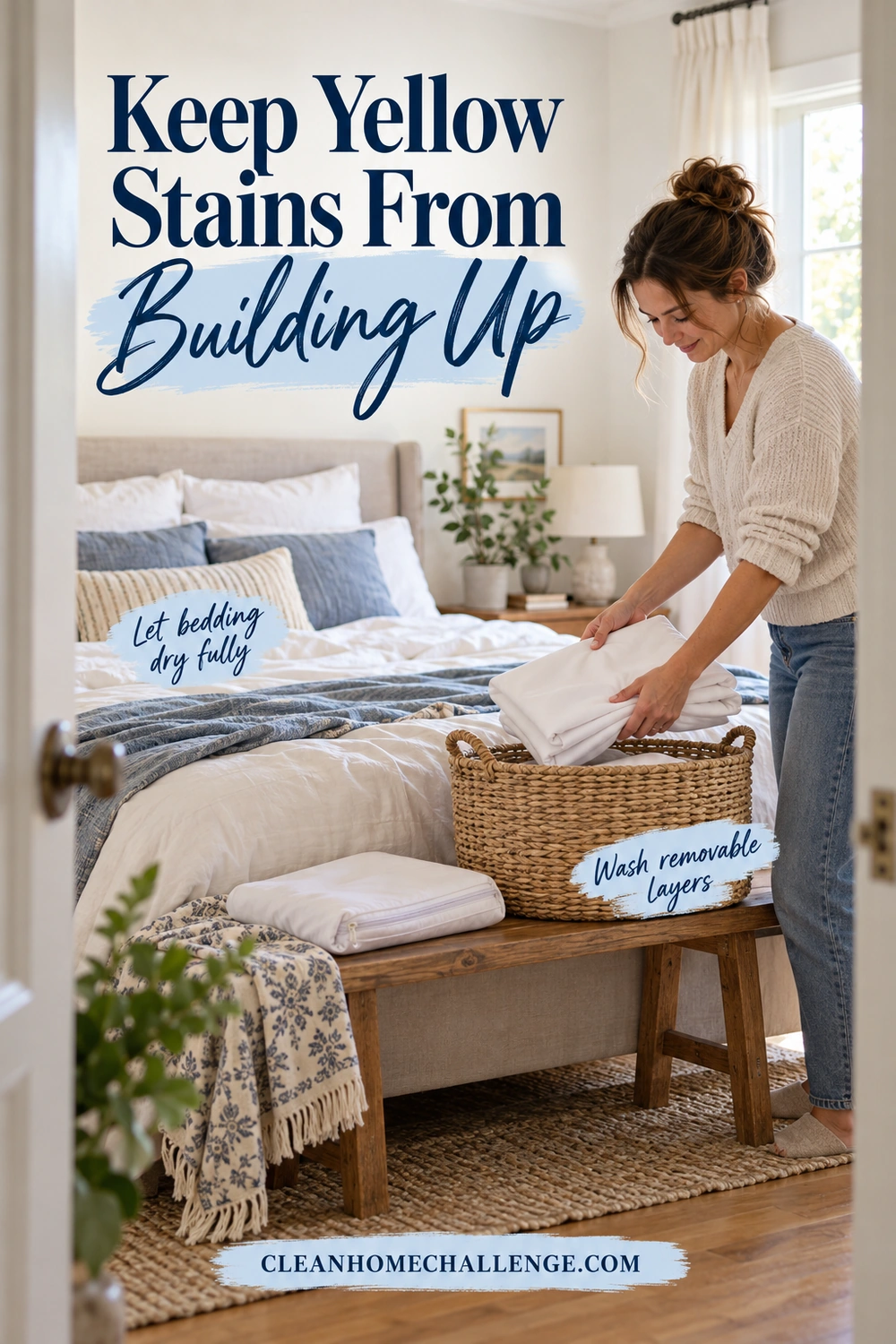 A woman lowers folded white bedding into a woven basket, with a zippered protector on a bench beside a bed.