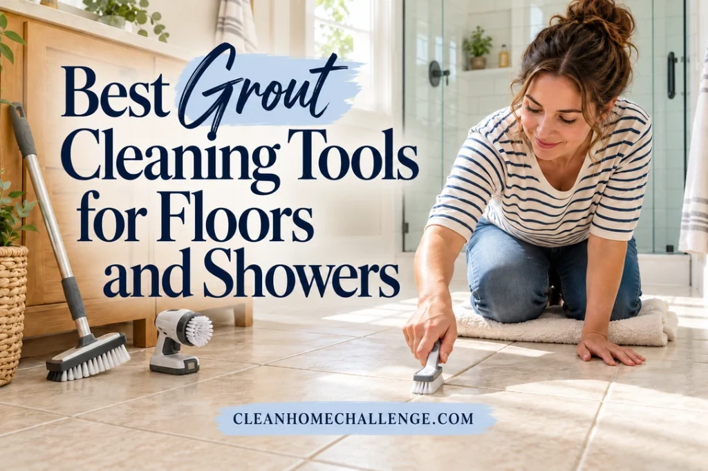 Woman kneels on a folded towel to brush bathroom floor grout, with a long-handled brush and compact powered scrubber nearby.