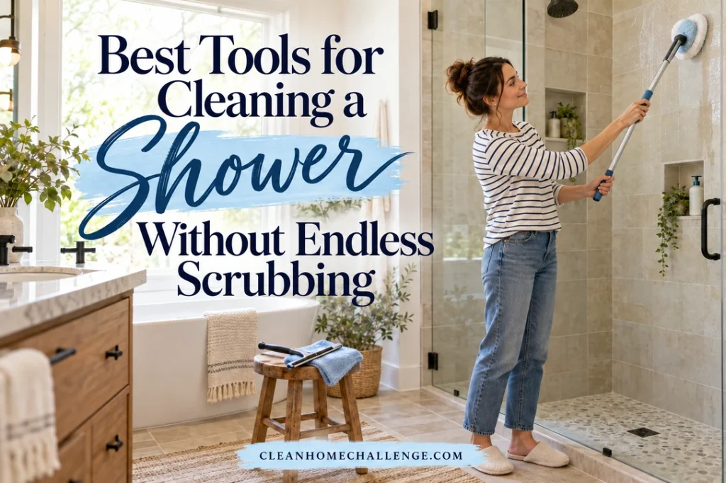 A woman in a striped shirt uses a long-handled scrubber on shower tile, with a squeegee and folded blue cloth on a wooden stool.