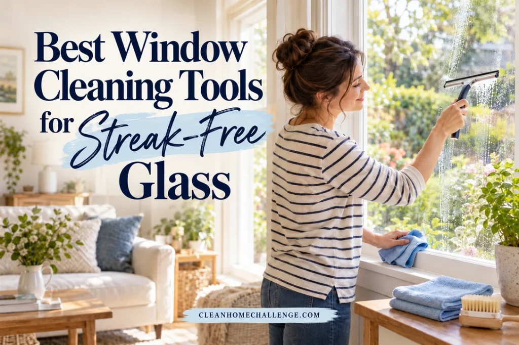 A woman in a striped shirt uses a squeegee on a living room window while holding a blue cloth at the sill.