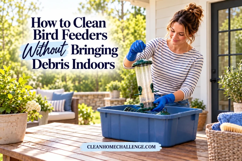 Woman wearing blue gloves lowers a tube bird feeder over a large blue outdoor tub.