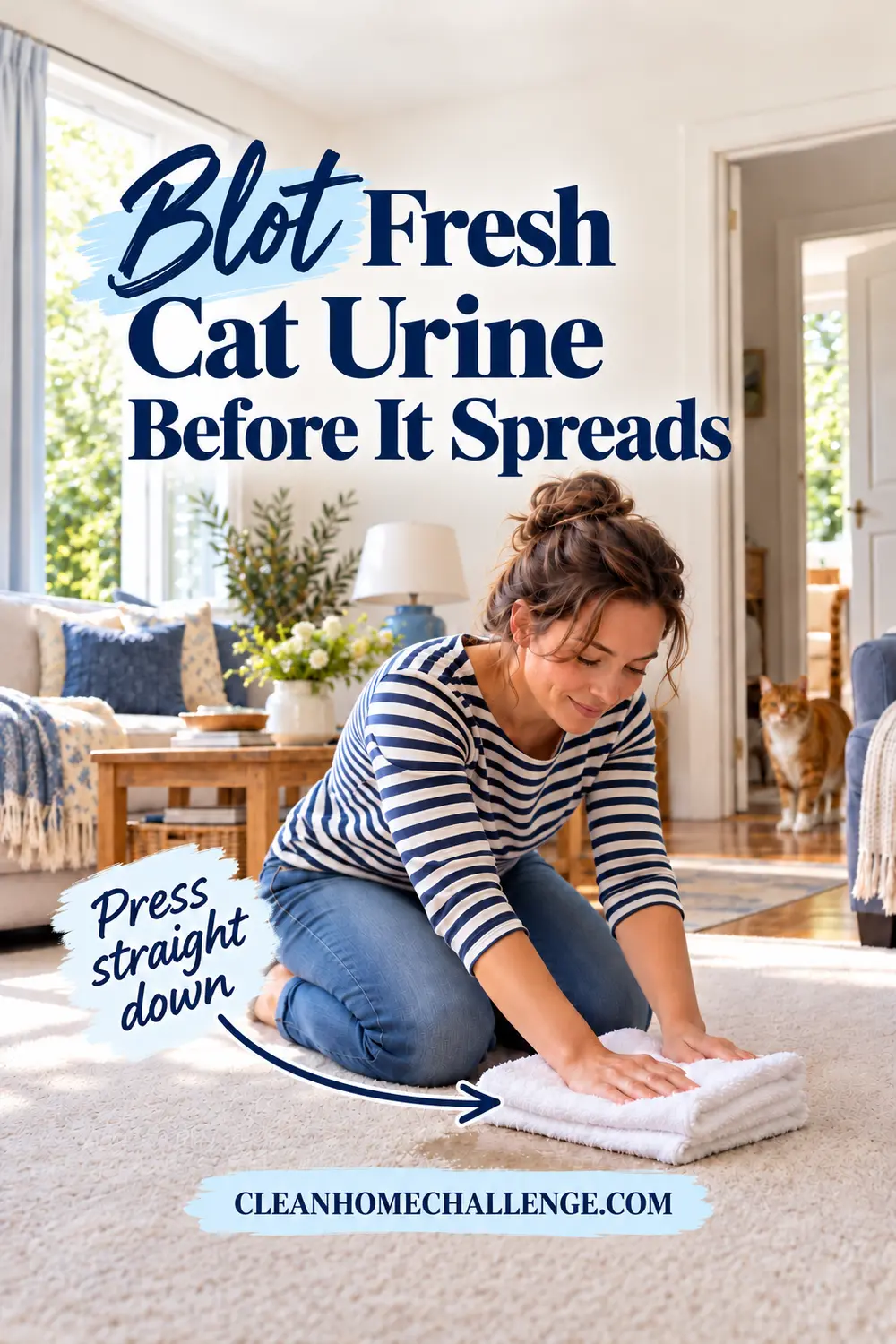 Woman pressing folded white towels onto a fresh cat urine spot on carpet