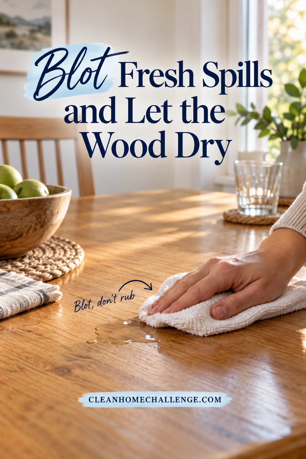 A hand presses a folded white cloth onto spilled water on a wood dining table while a glass rests on a cork coaster.