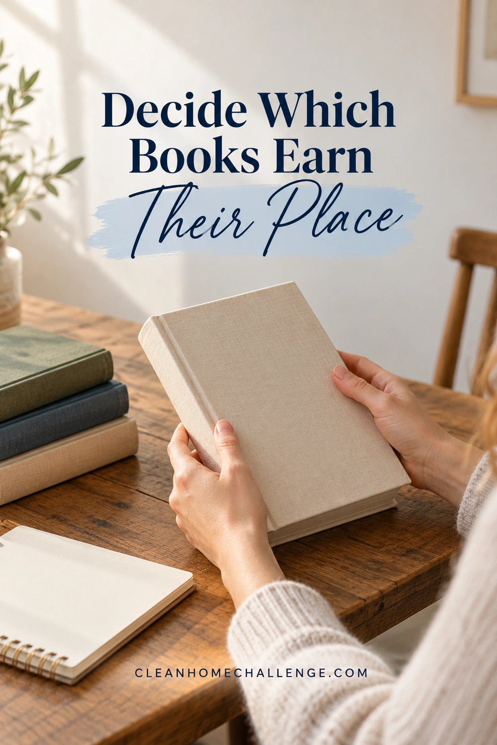 Hands reviewing a hardcover at a wooden table beside a small group of reading copies.