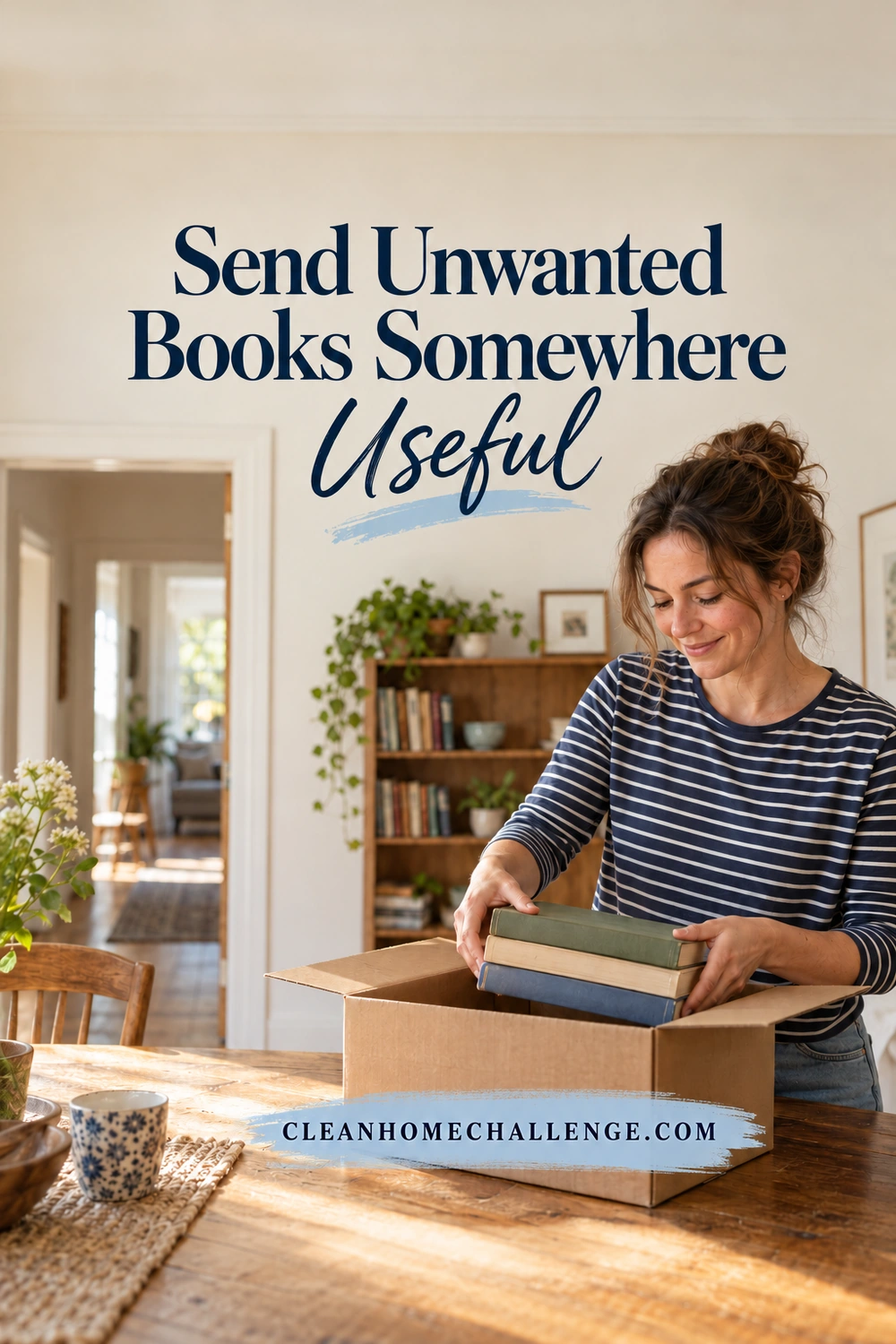 Woman arranging a modest number of books inside a small open cardboard donation box.