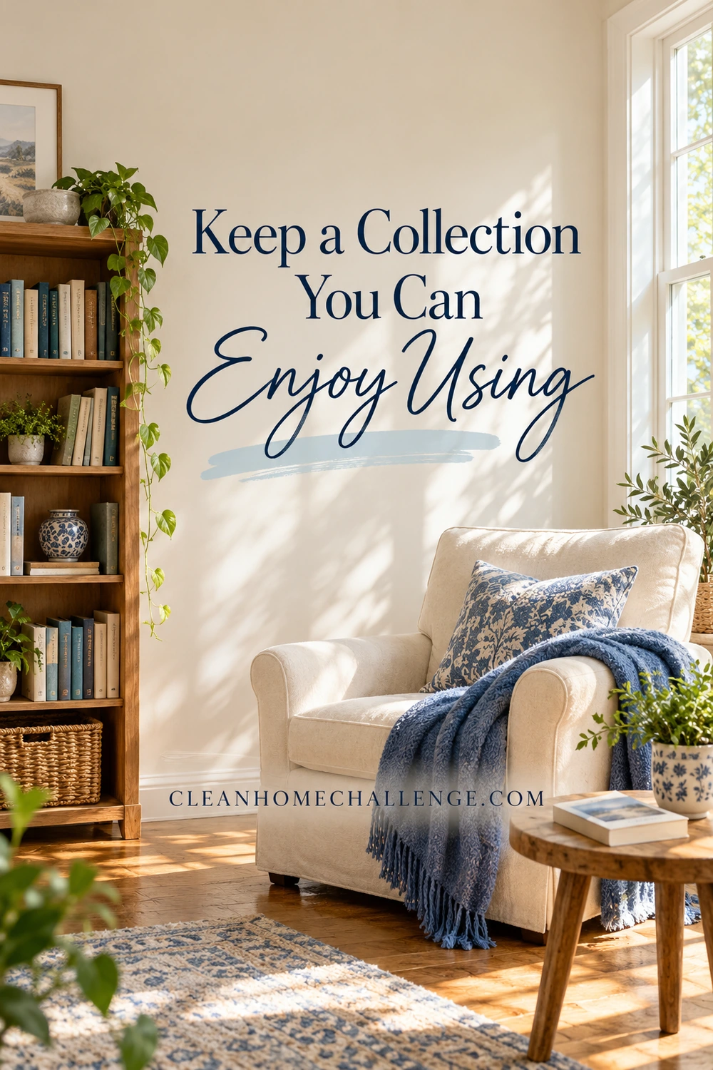A comfortable reading chair beside an orderly bookshelf with supported upright books and open space.