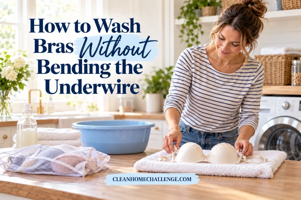 Cream underwire bra supported on a white towel beside a blue basin in a bright laundry room.