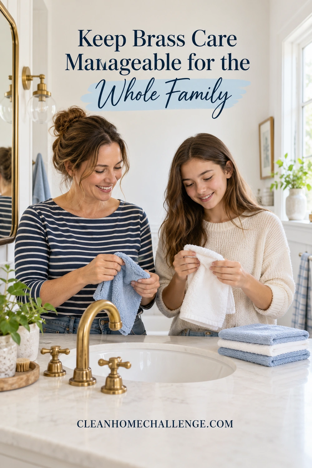 Mother and teenager fold soft cleaning cloths at a bathroom vanity with a brass faucet.